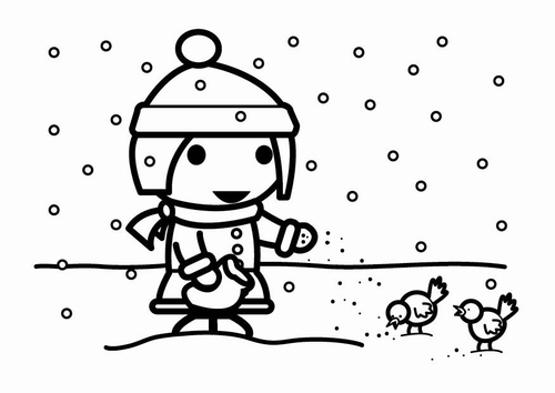 Dibujo para colorear alimentar pájaros en la nieve (semillas)