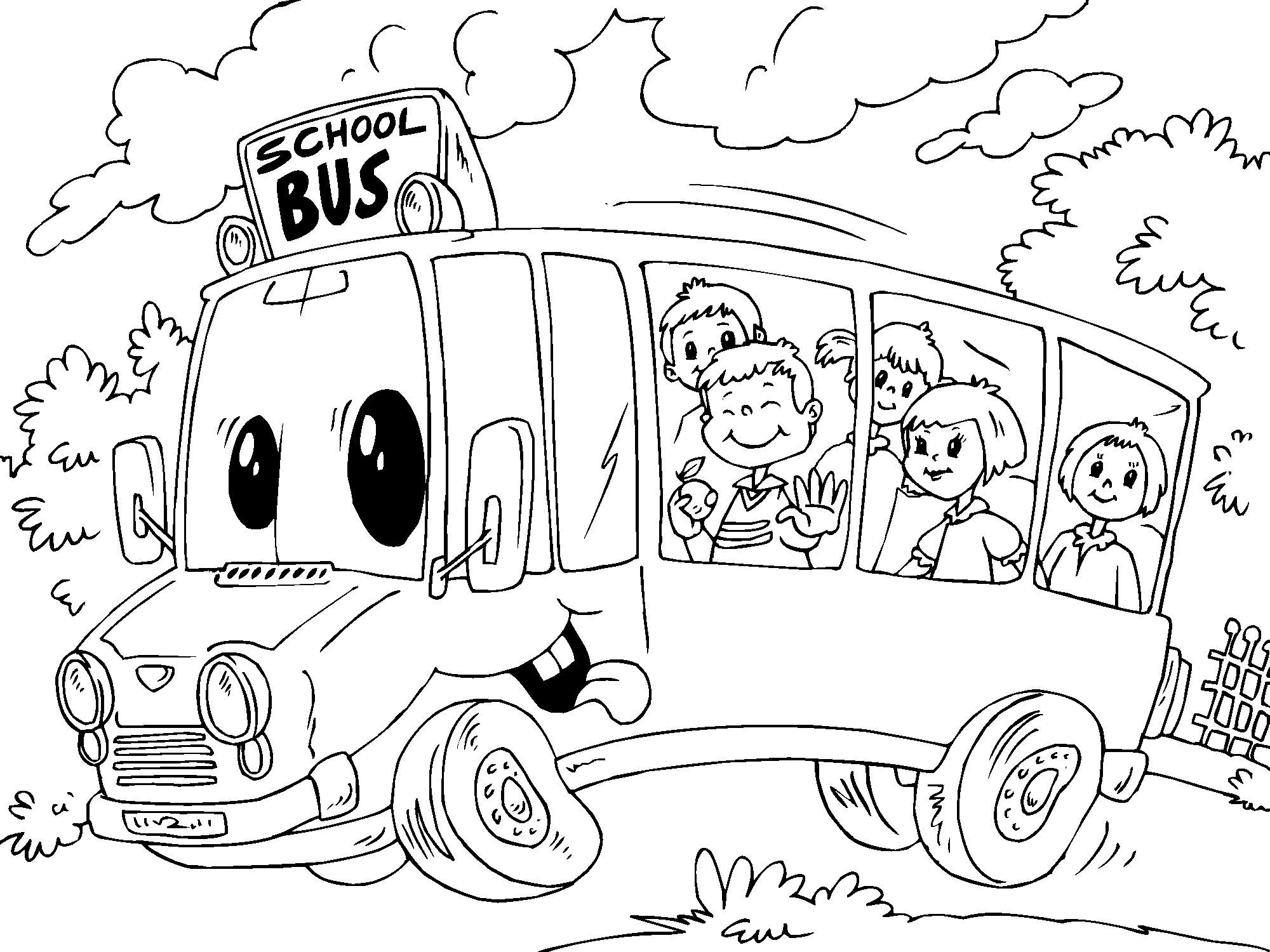 Dibujo de un grupo de escolares subiendo al autobús escolar para colorear