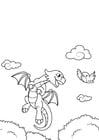 Dibujos para colorear dragón vuela con pájaro