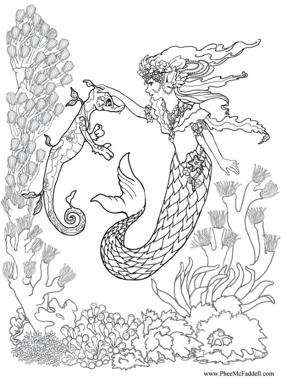 Dibujo para colorear Sirena con caballito de mar