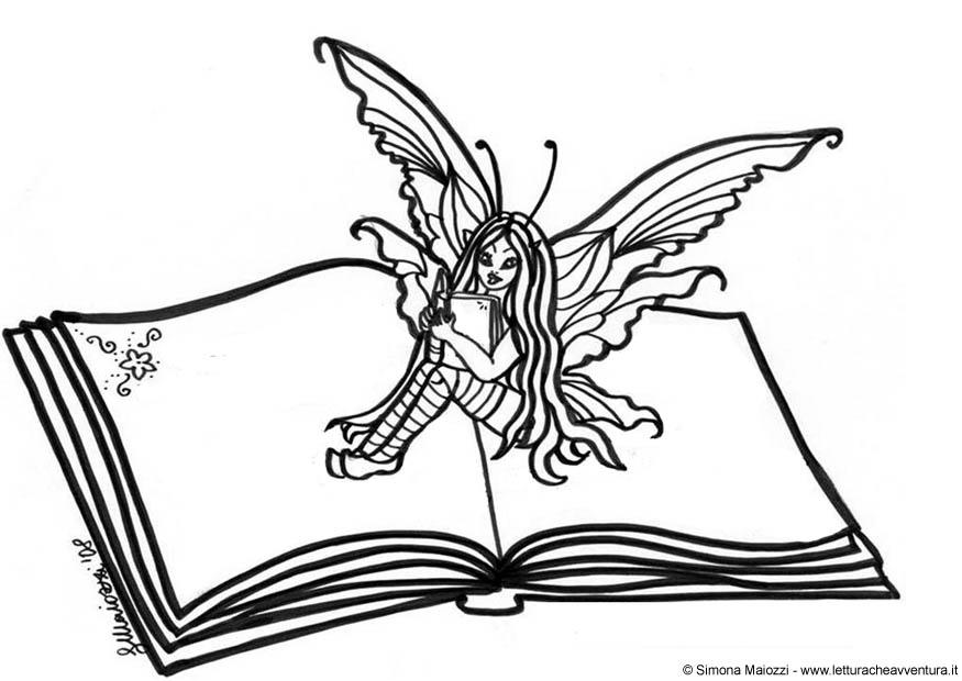 hada en libro Dibujo para colorear hada en libro