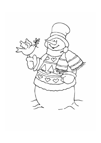 Dibujo para colorear Muñeco de nieve con pájaro