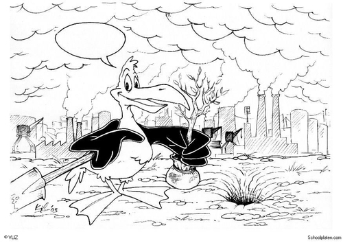 Dibujo para colorear Pájaro plantando árboles en fábrica