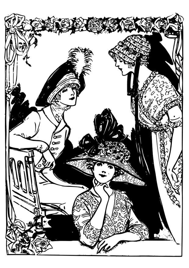 Dibujo para colorear 3 mujeres con sombrero