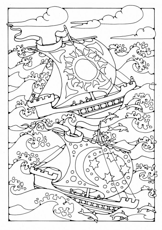 Dibujo para colorear barcos en la tormenta