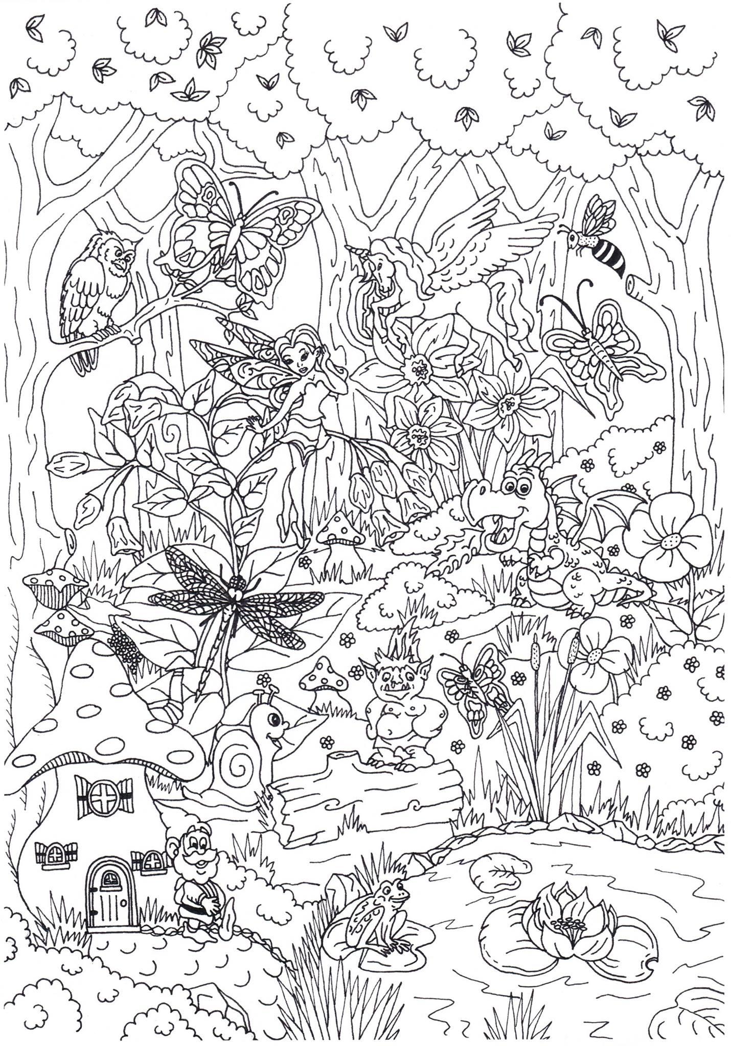 Dibujo para colorear bosque de cuento de hadas