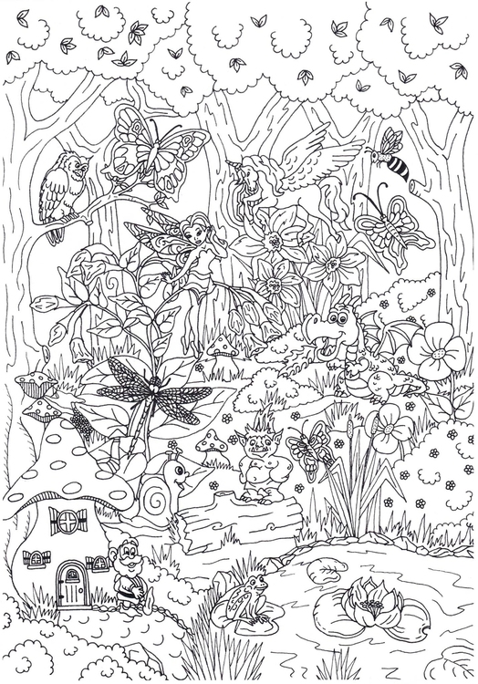 Dibujo para colorear bosque de cuento de hadas
