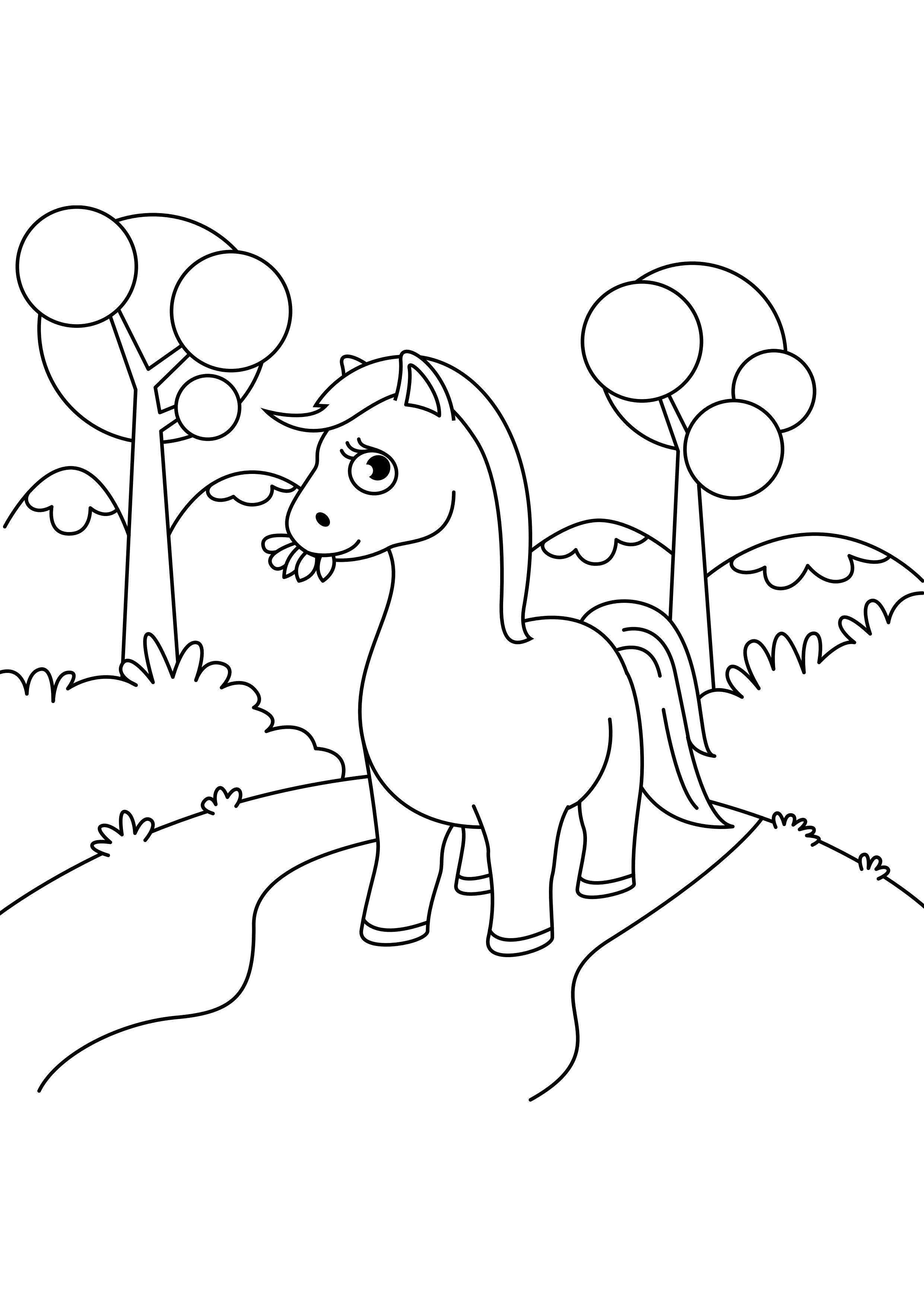 Dibujo para colorear caballo en el bosque