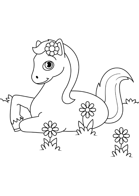 Dibujo para colorear caballo en el prado