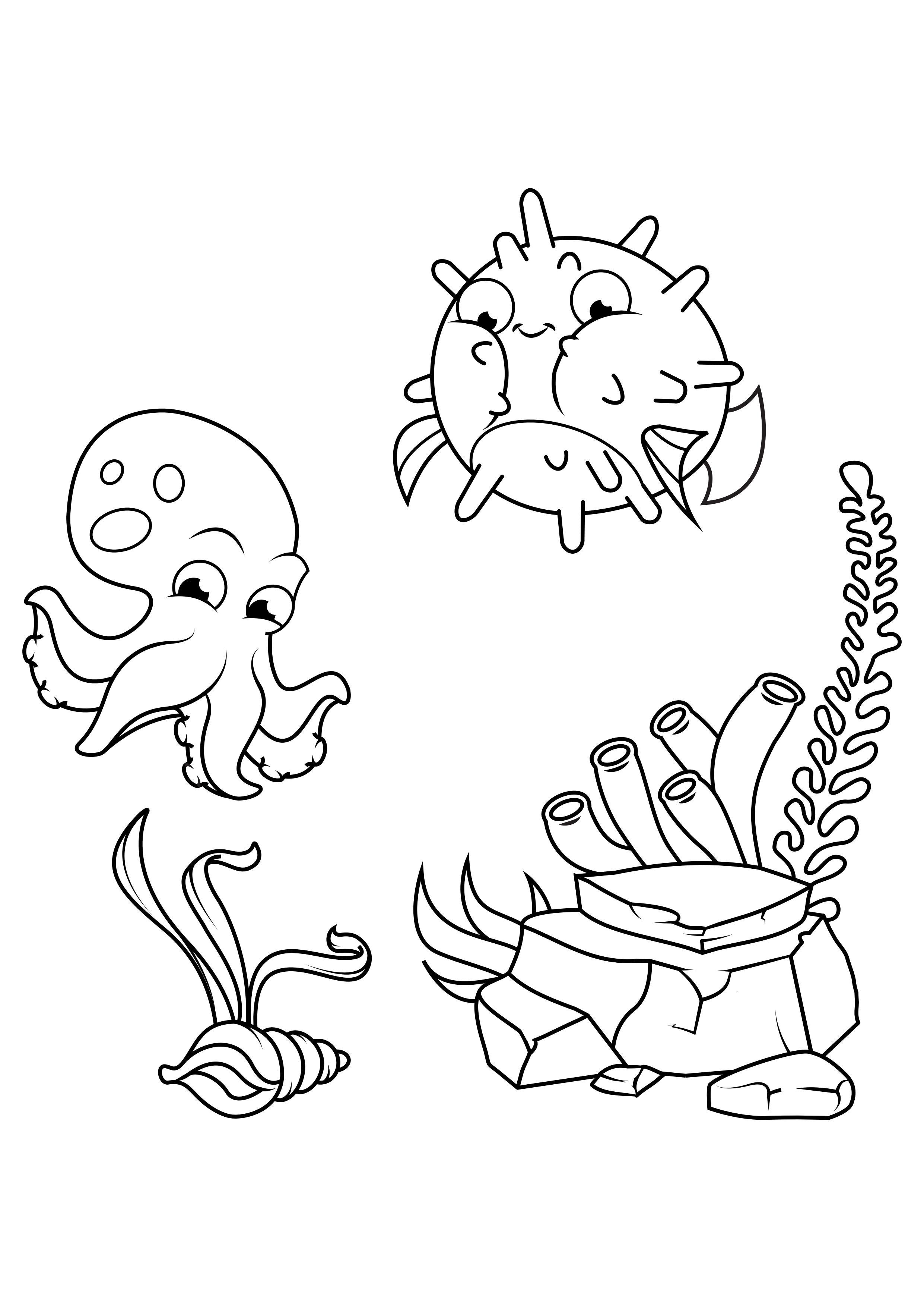 Dibujo para colorear calamares y peces globo nadan alrededor