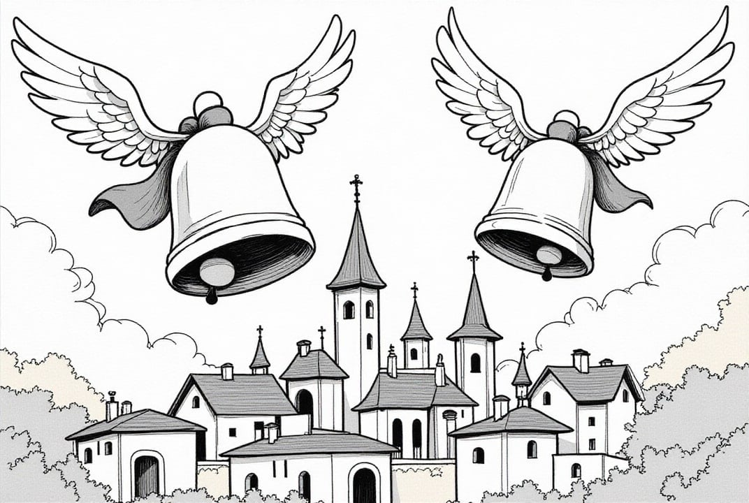 Dibujo para colorear Campanas de Pascua sobre el pueblo