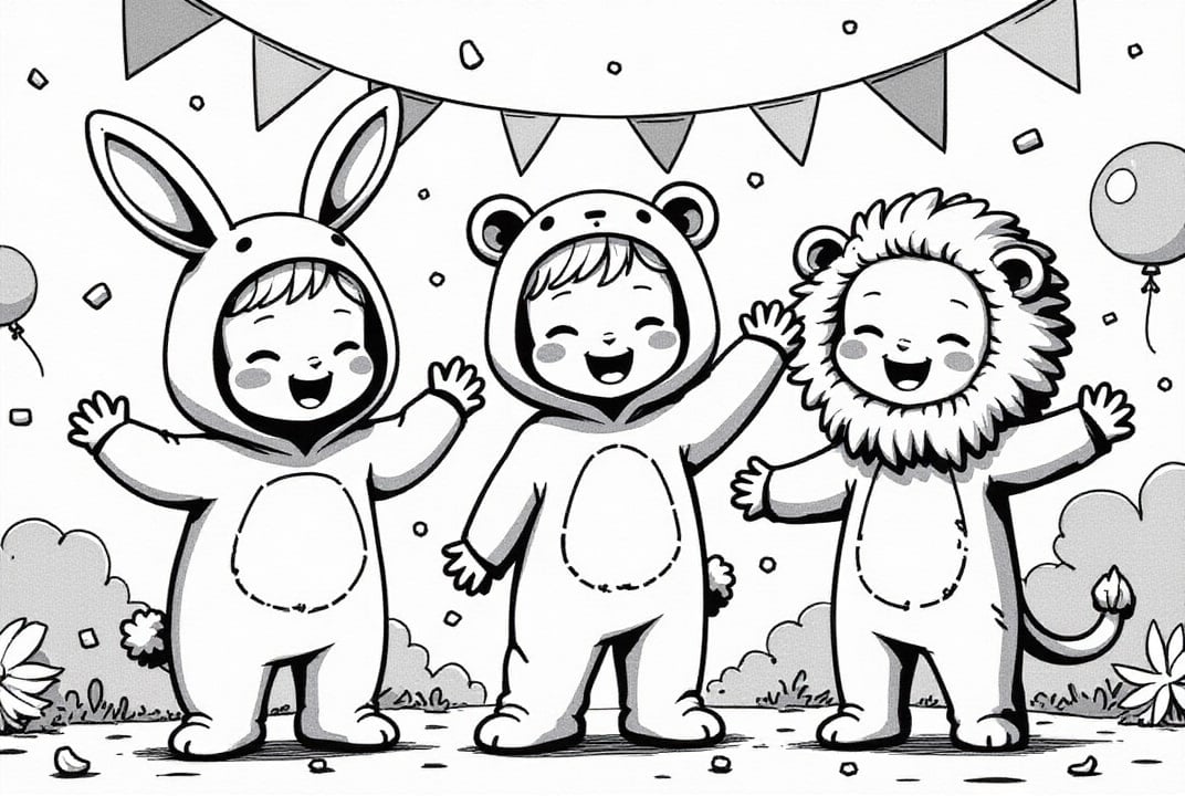 Dibujo para colorear Carnaval con el leÃ³n, el conejo y el oso