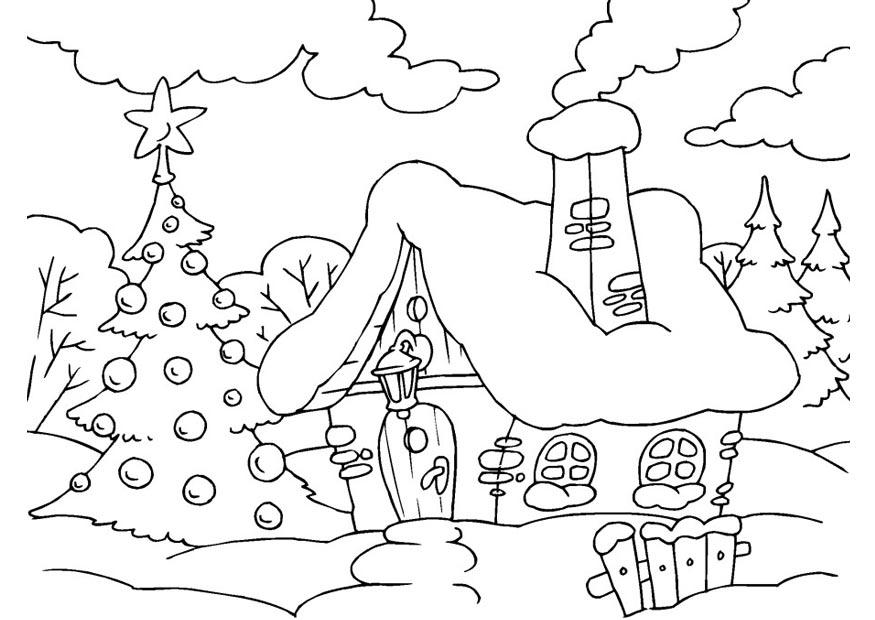 Dibujo para colorear casa con ambiente de Navidad