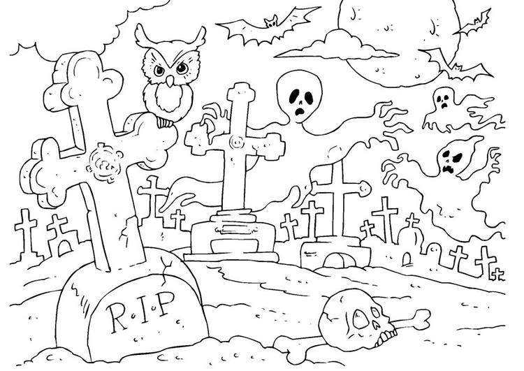 Dibujo para colorear cementerio de Halloween