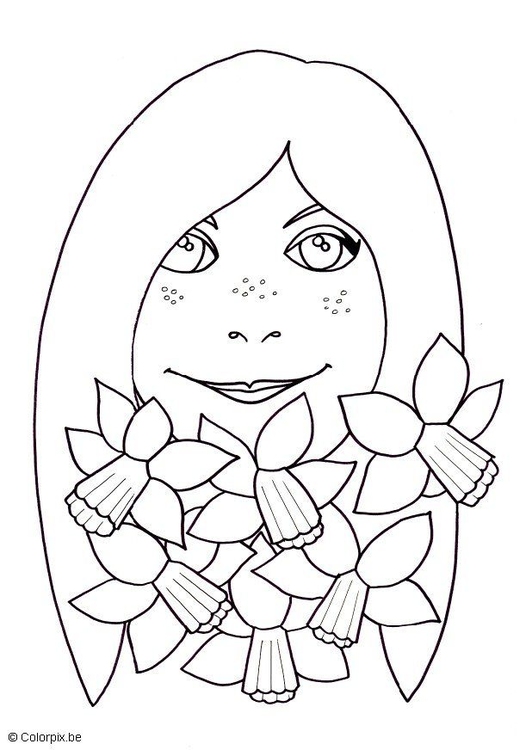 Dibujo para colorear Chica con narcisos