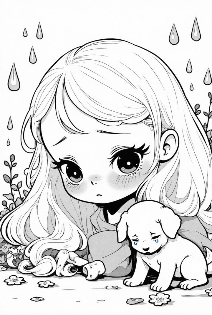 Dibujo para colorear chica triste con perro