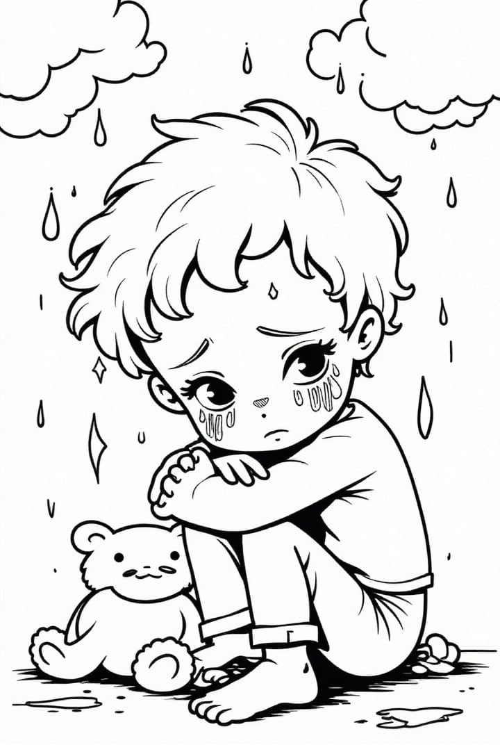 Dibujo para colorear chico triste