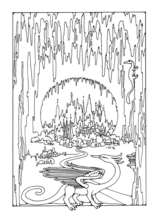Dibujo para colorear ciudad en cueva