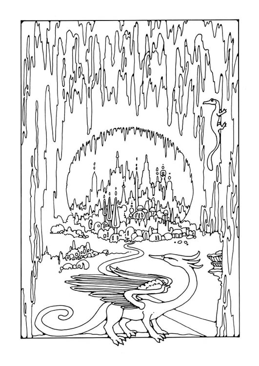 Dibujo para colorear ciudad en cueva