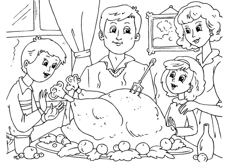 Dibujo para colorear comida de acciÃ³n de gracias con la familia