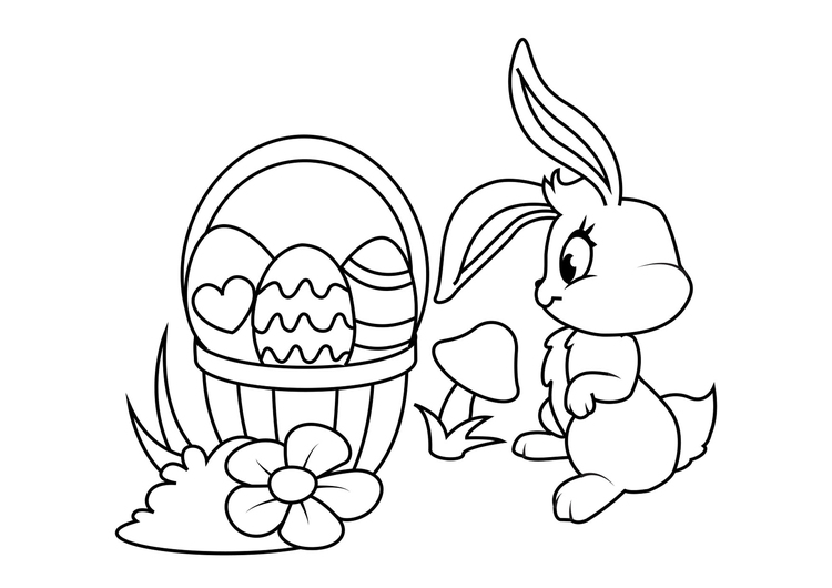 Dibujo para colorear Conejito de Pascua con canasta de Pascua
