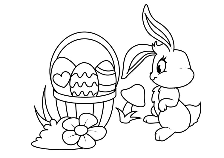 Dibujo para colorear Conejito de Pascua con canasta de Pascua