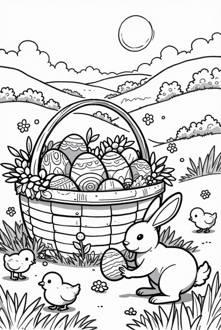 Dibujo para colorear Conejito de Pascua con canasta de Pascua