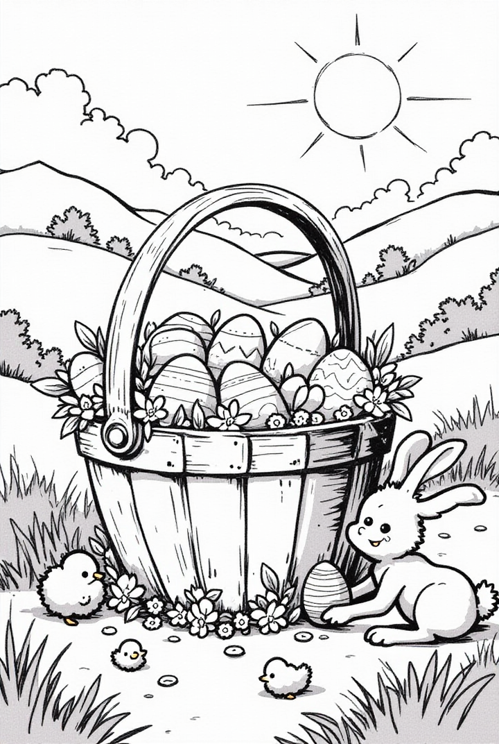 Dibujo para colorear Conejito de Pascua con canasta de Pascua