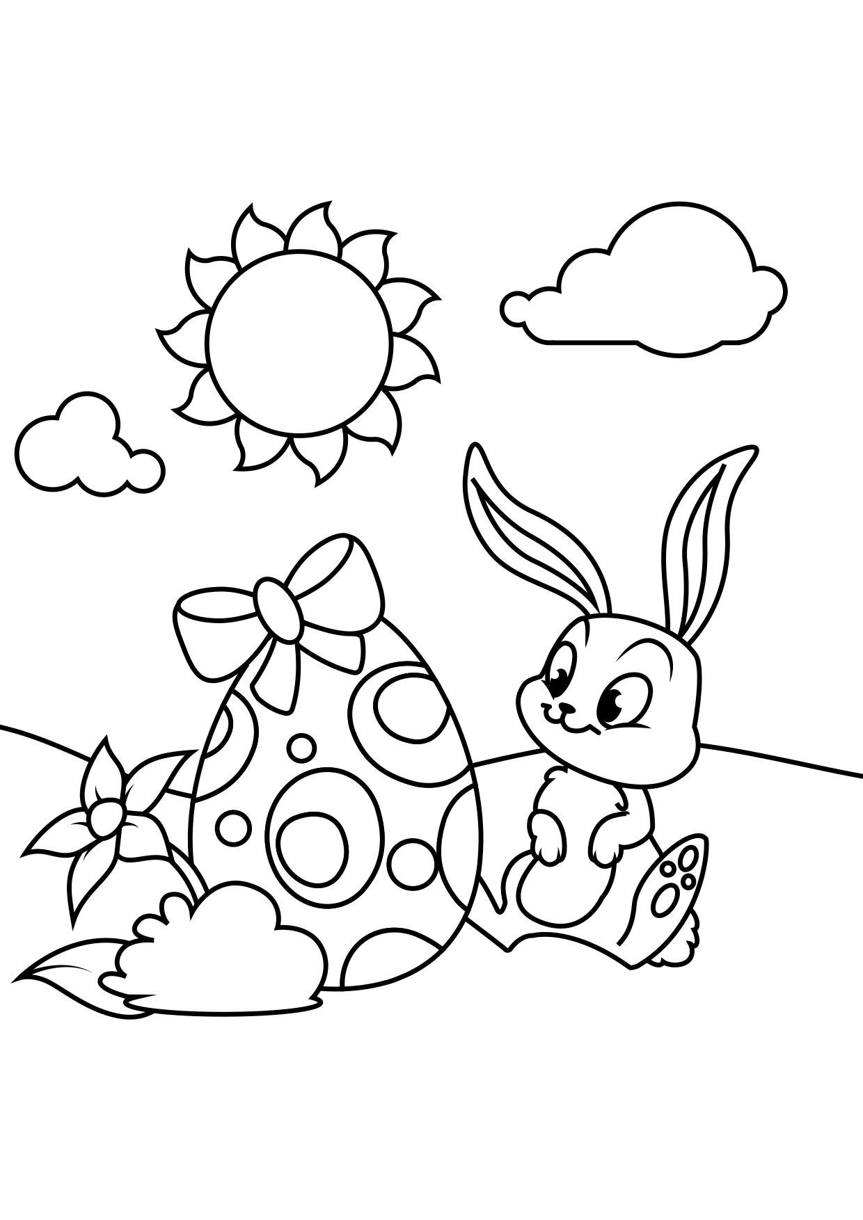 Dibujo para colorear Conejito de pascua con huevo de pascua en el jardÃ­n
