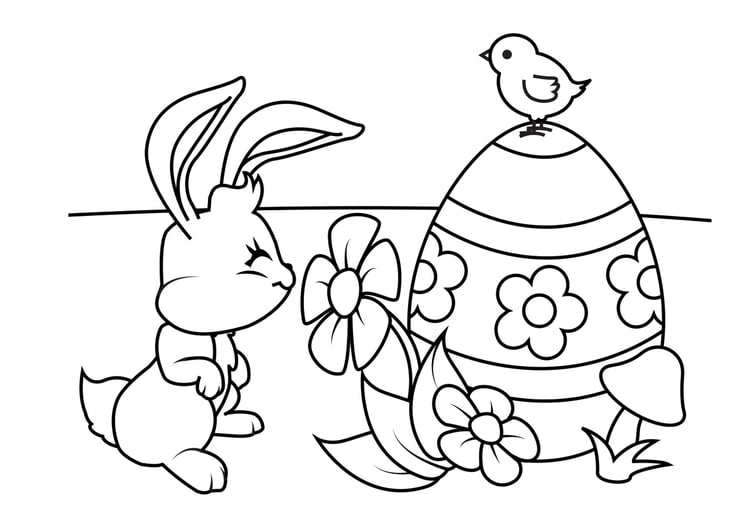 Dibujo para colorear Conejito de Pascua con huevo de Pascua y pollo