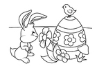 Dibujo para colorear Conejito de Pascua con huevo de Pascua y pollo