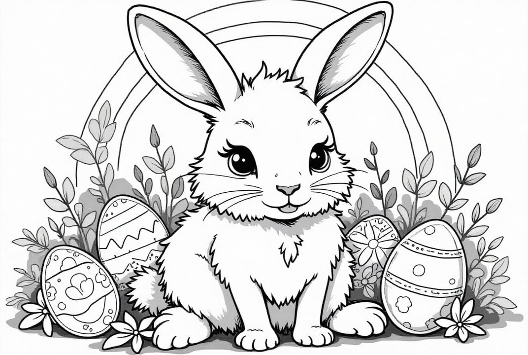 Dibujo para colorear Conejito de Pascua con huevos de Pascua en el jardÃ­n.