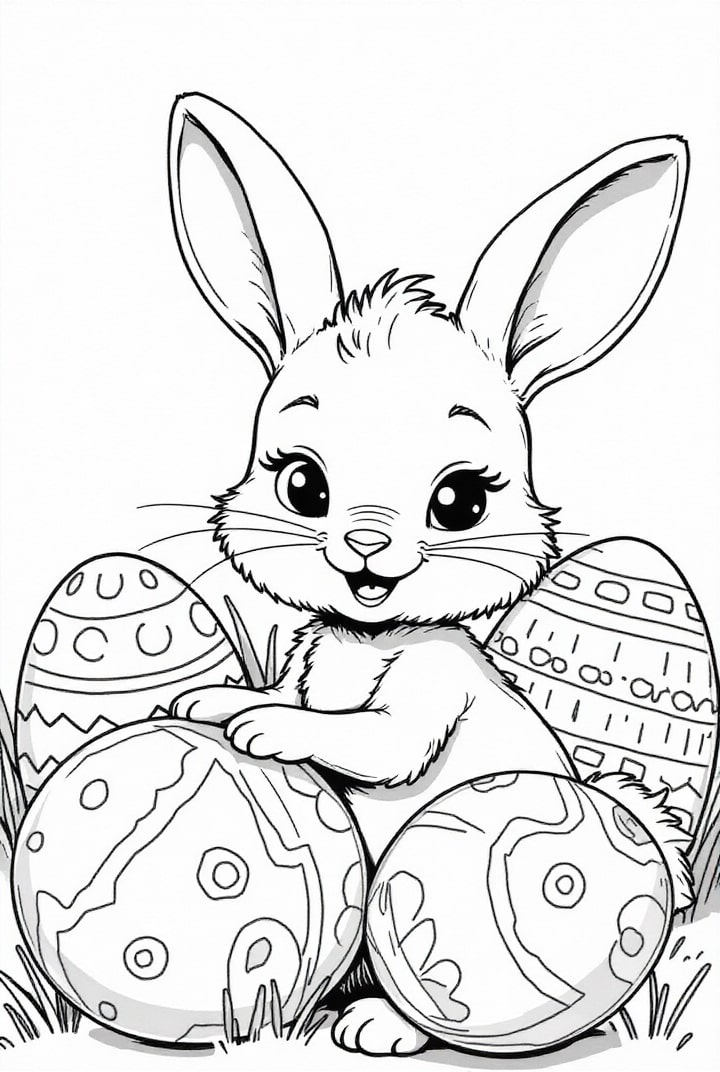 Dibujo para colorear Conejito de Pascua con huevos de Pascua