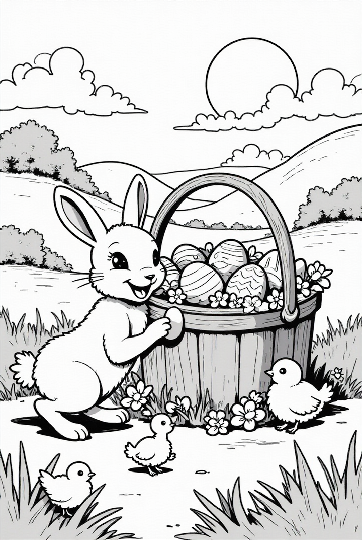 Dibujo para colorear Conejito de Pascua con pollitos