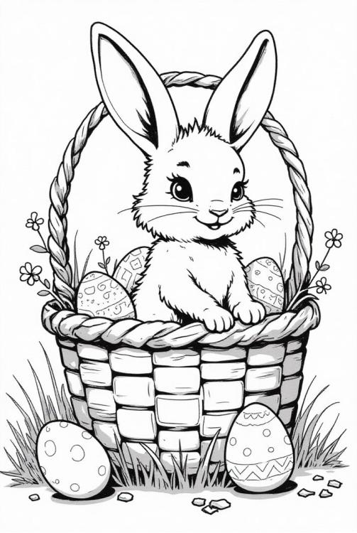 Conejito de Pascua en canasta de Pascua con huevos
