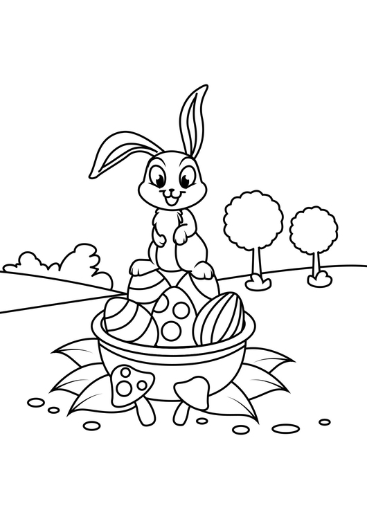 Dibujo para colorear Conejito de Pascua en canasta de Pascua