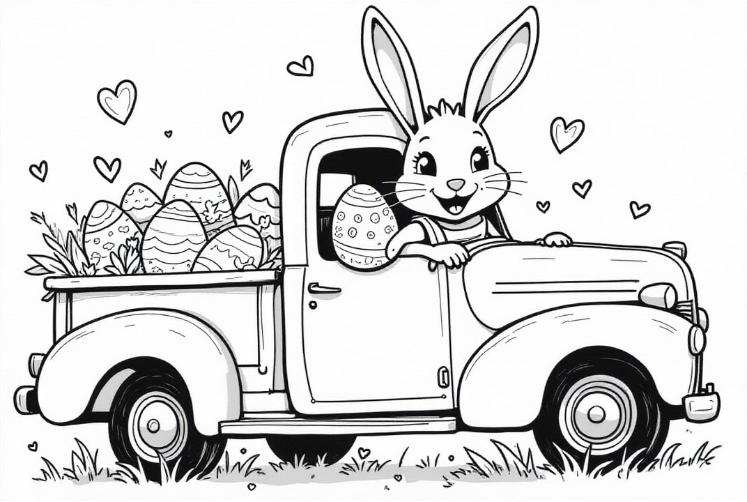 Dibujo para colorear Conejito de Pascua en el camiÃ³n