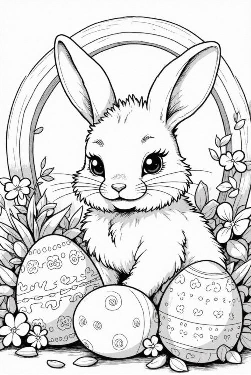 Conejito de Pascua en el jardÃ­n con huevos de Pascua.