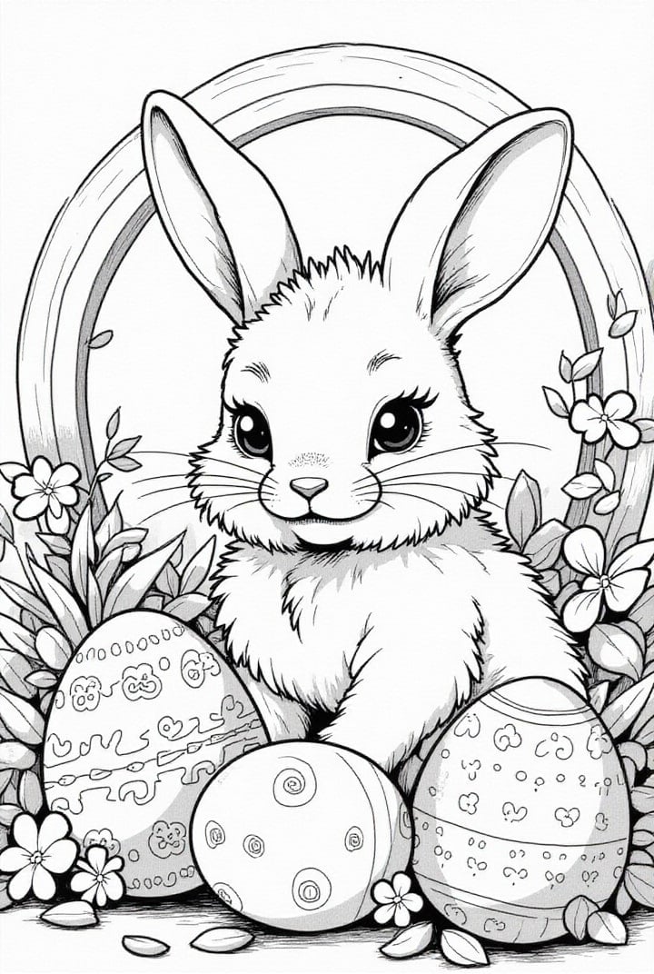 Dibujo para colorear Conejito de Pascua en el jardÃ­n con huevos de Pascua.