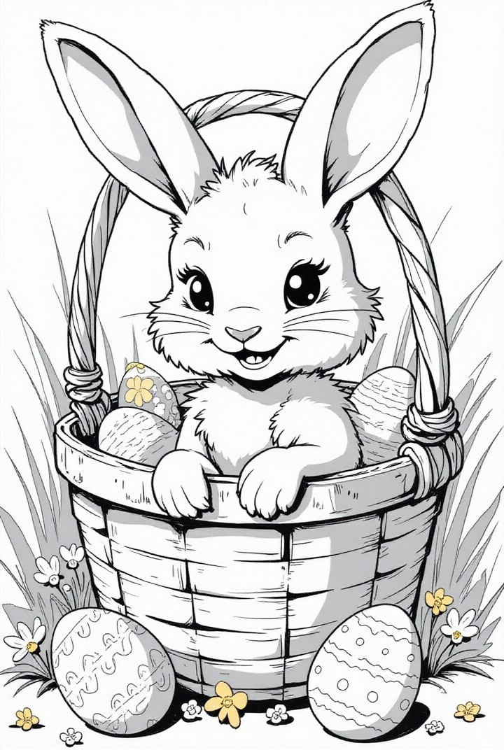 Dibujo para colorear Conejito de Pascua en la canasta de Pascua