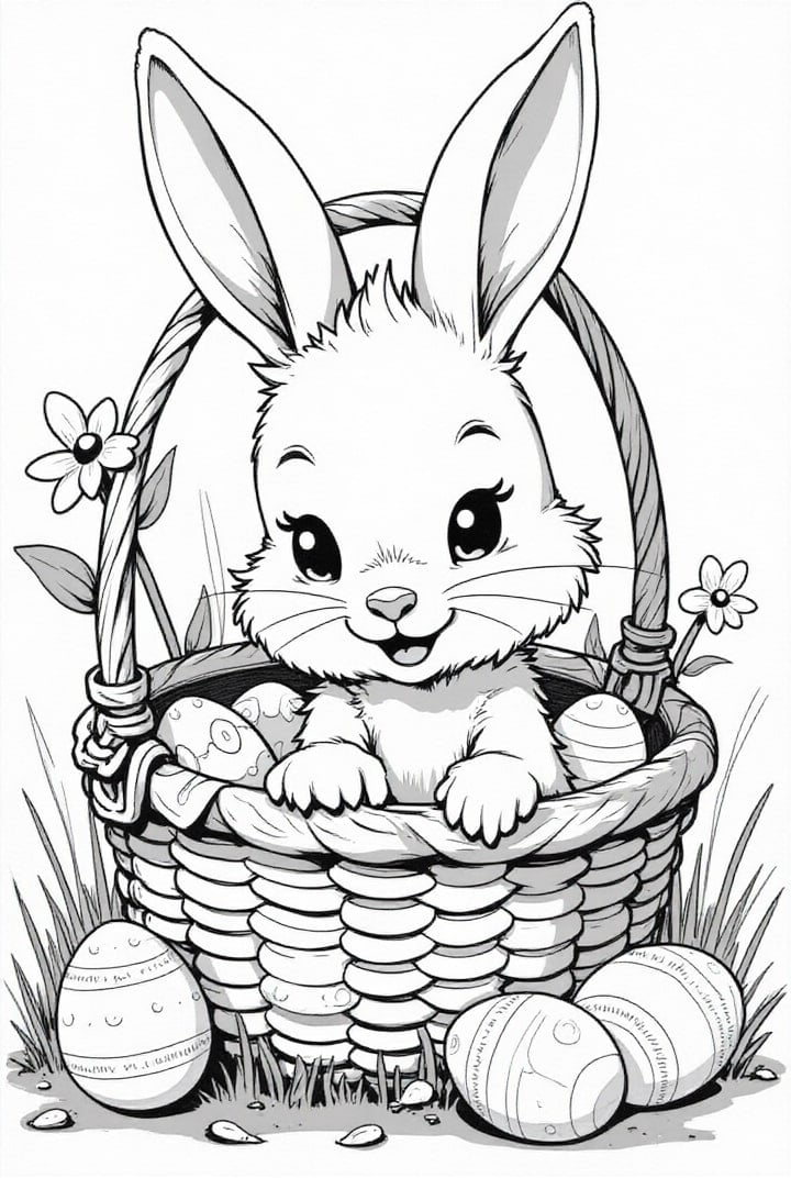 Dibujo para colorear Conejito de Pascua en la canasta de Pascua