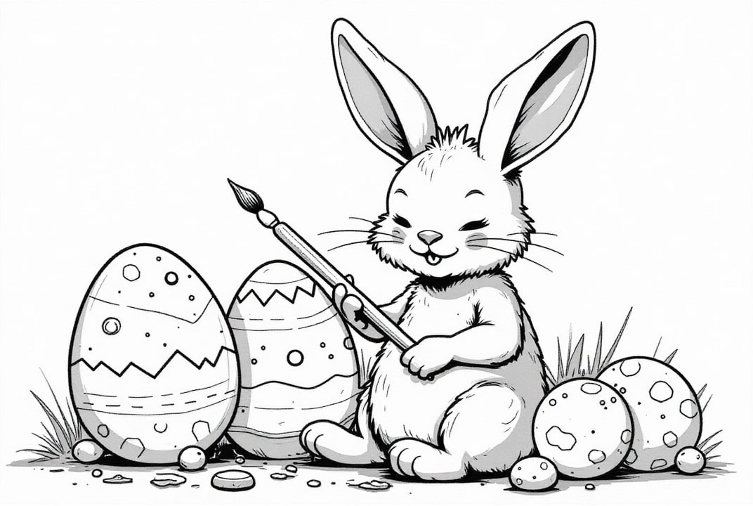 Dibujo para colorear Conejito de Pascua pinta huevos