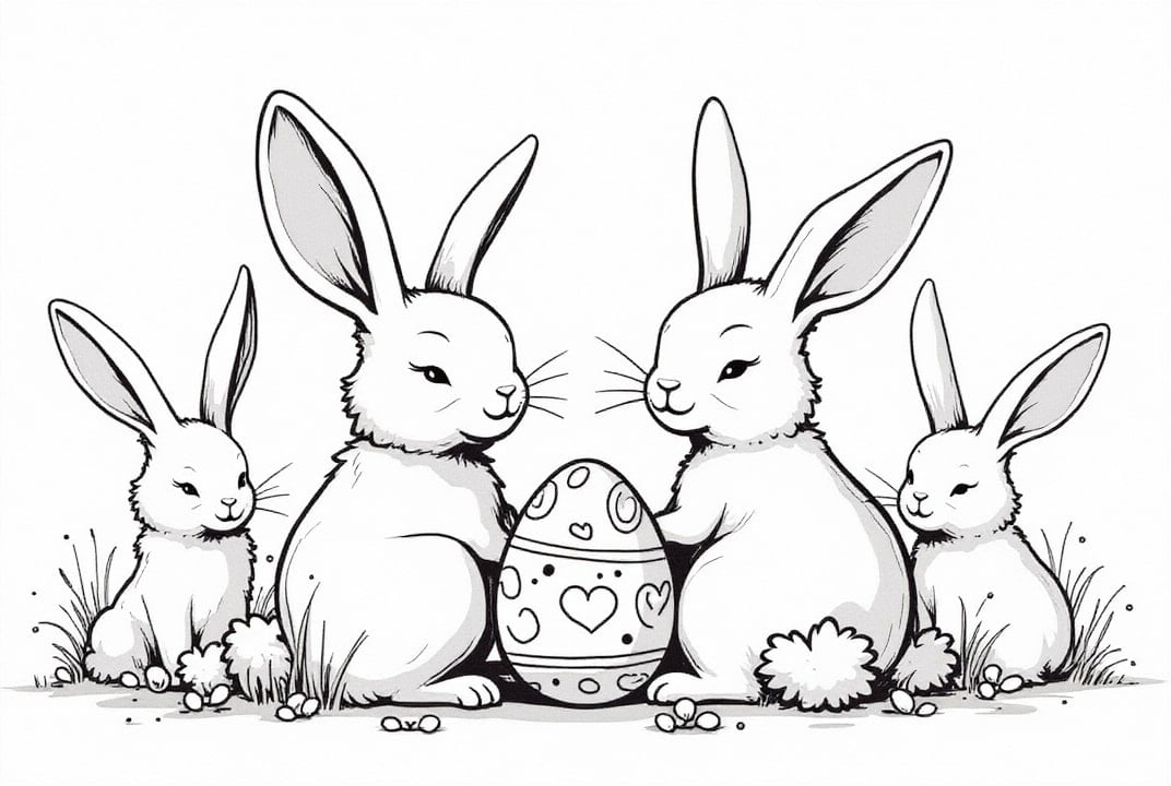 Dibujo para colorear Conejitos de Pascua en el jardÃ­n