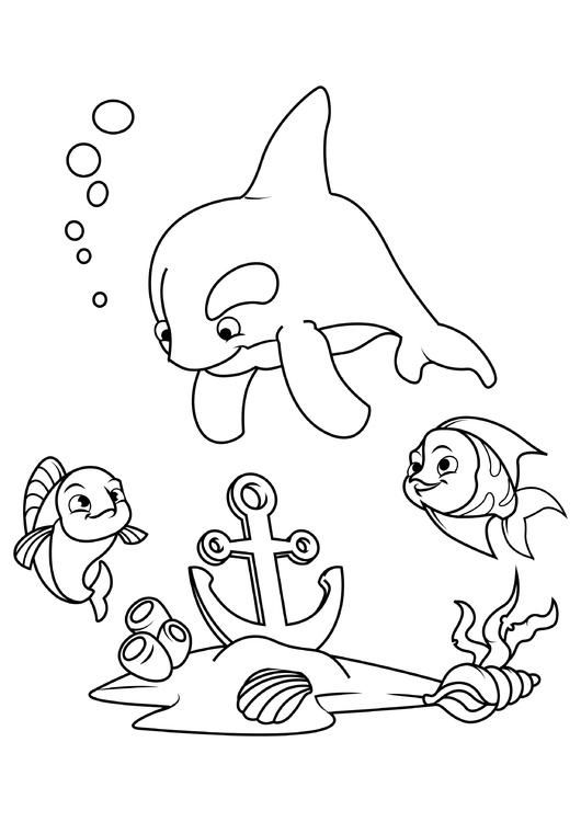 Dibujo para colorear delfines y peces con ancla