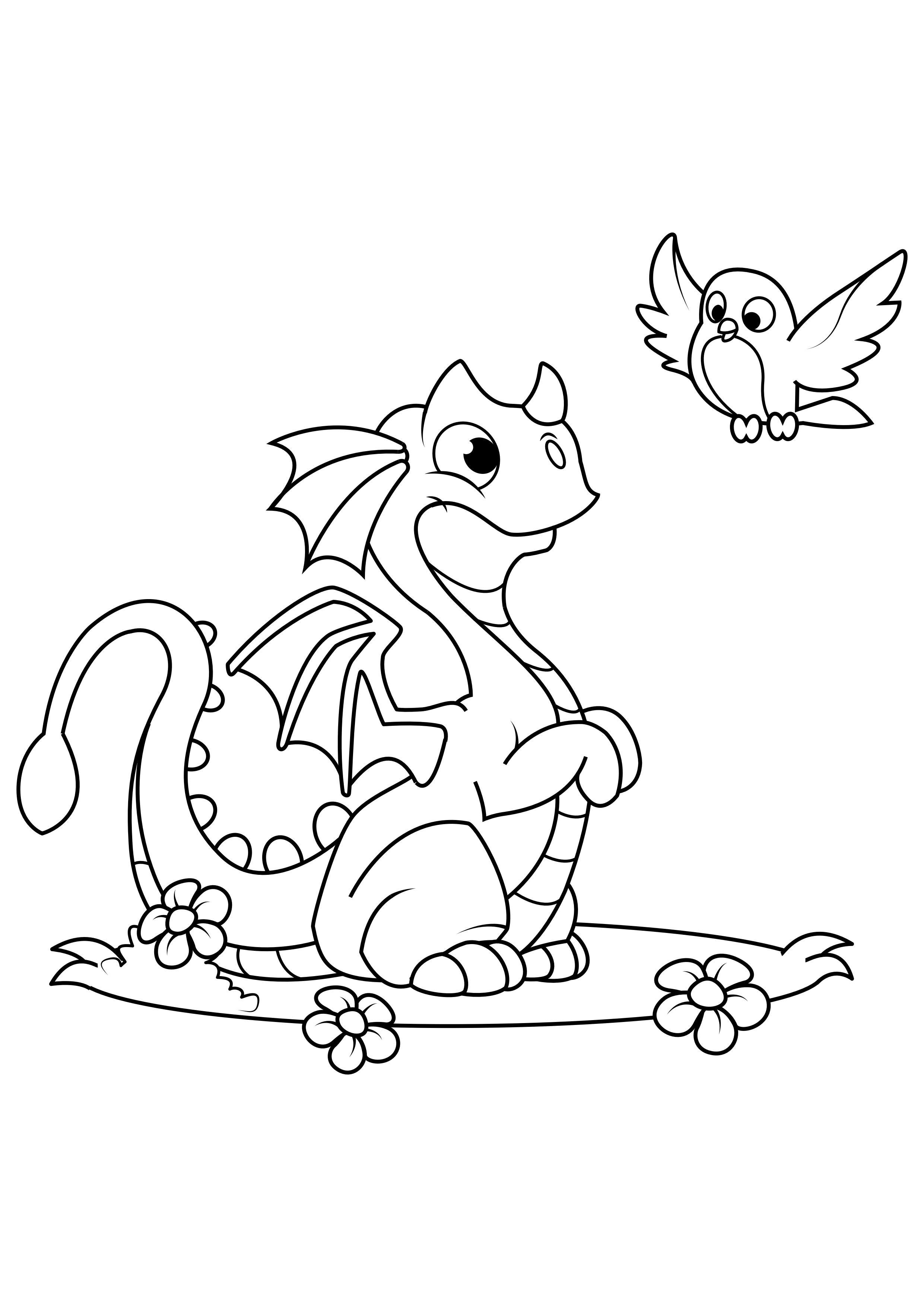 Dibujo para colorear dragón con pájaro - Dibujos Para Imprimir Gratis - Img  31053