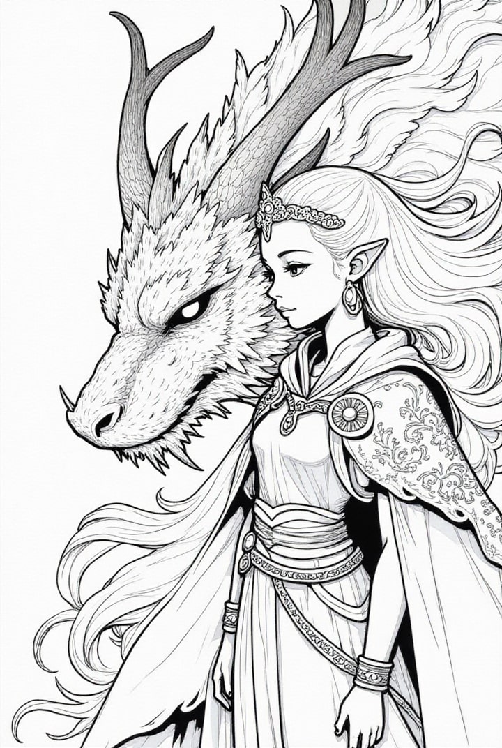 Dibujo para colorear dragÃ³n con princesa guerrera