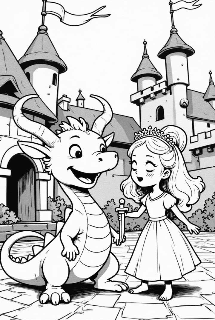 Dibujo para colorear dragÃ³n con princesa