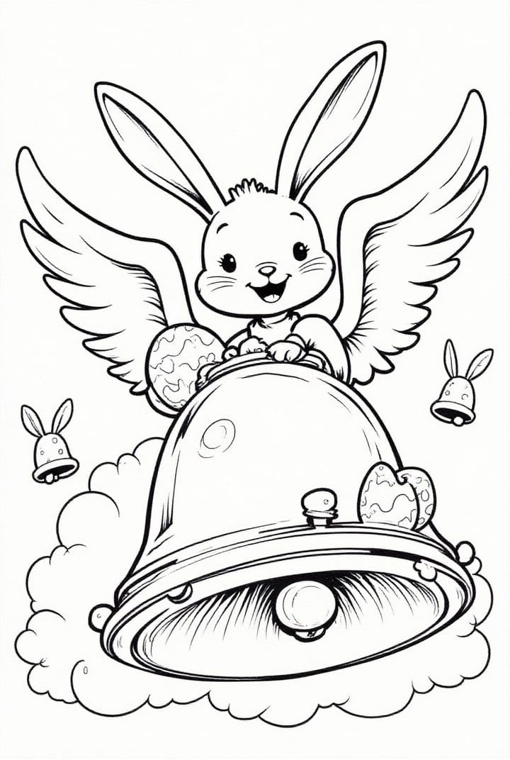 Dibujo para colorear El conejito de Pascua vuela en el reloj