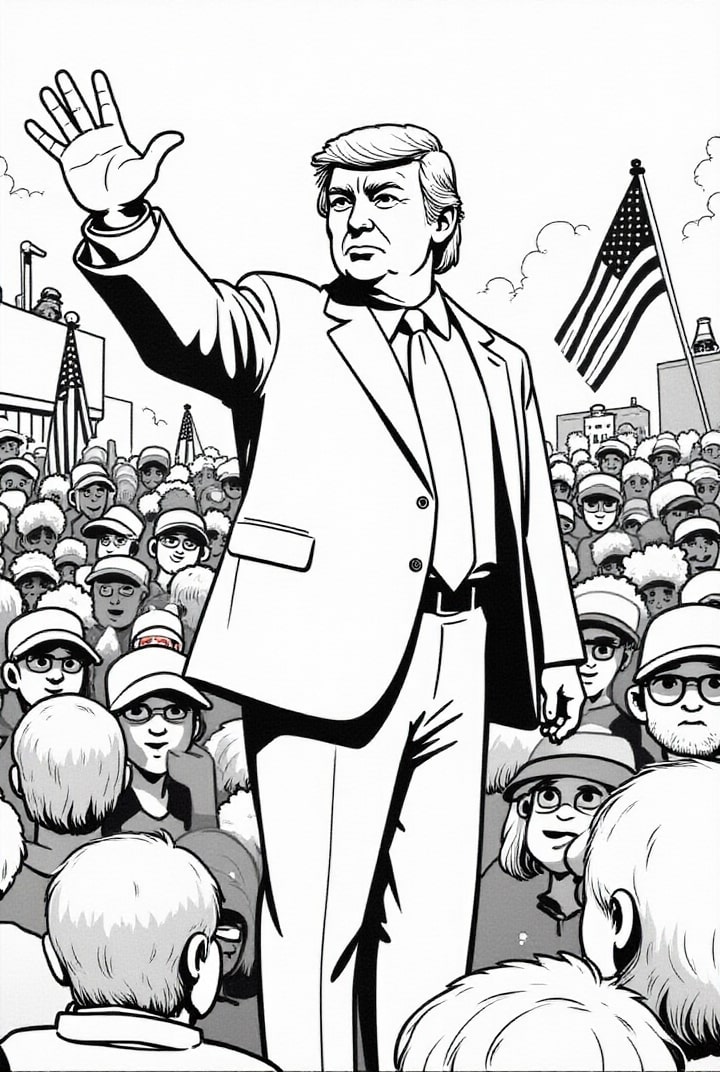 Dibujo para colorear El presidente Donald Trump con sus seguidores