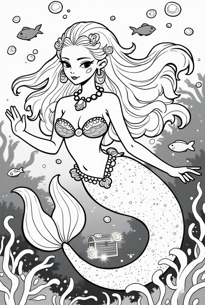 Dibujo para colorear elegante sirena en el mar